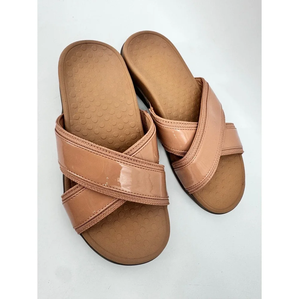 Vionic Merced Slide Sandals Women Size 6 Nude Patent Crisscross Straps